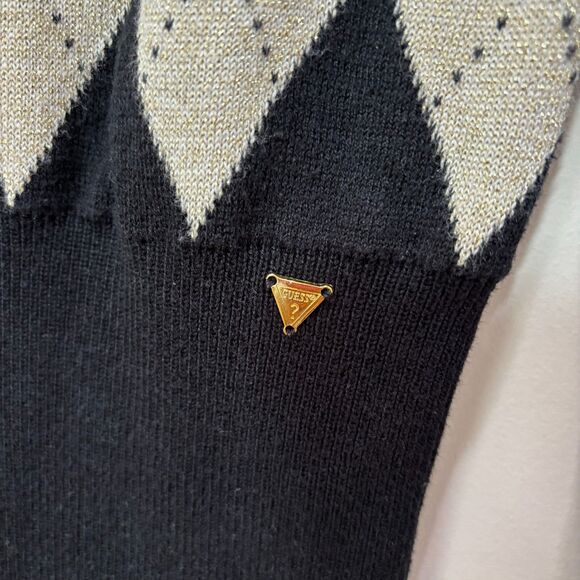 VTG Guess Argyle Sweater Women M Black Gold V-Neck Old Money Preppy Y2K Academia - Picture 3 of 7